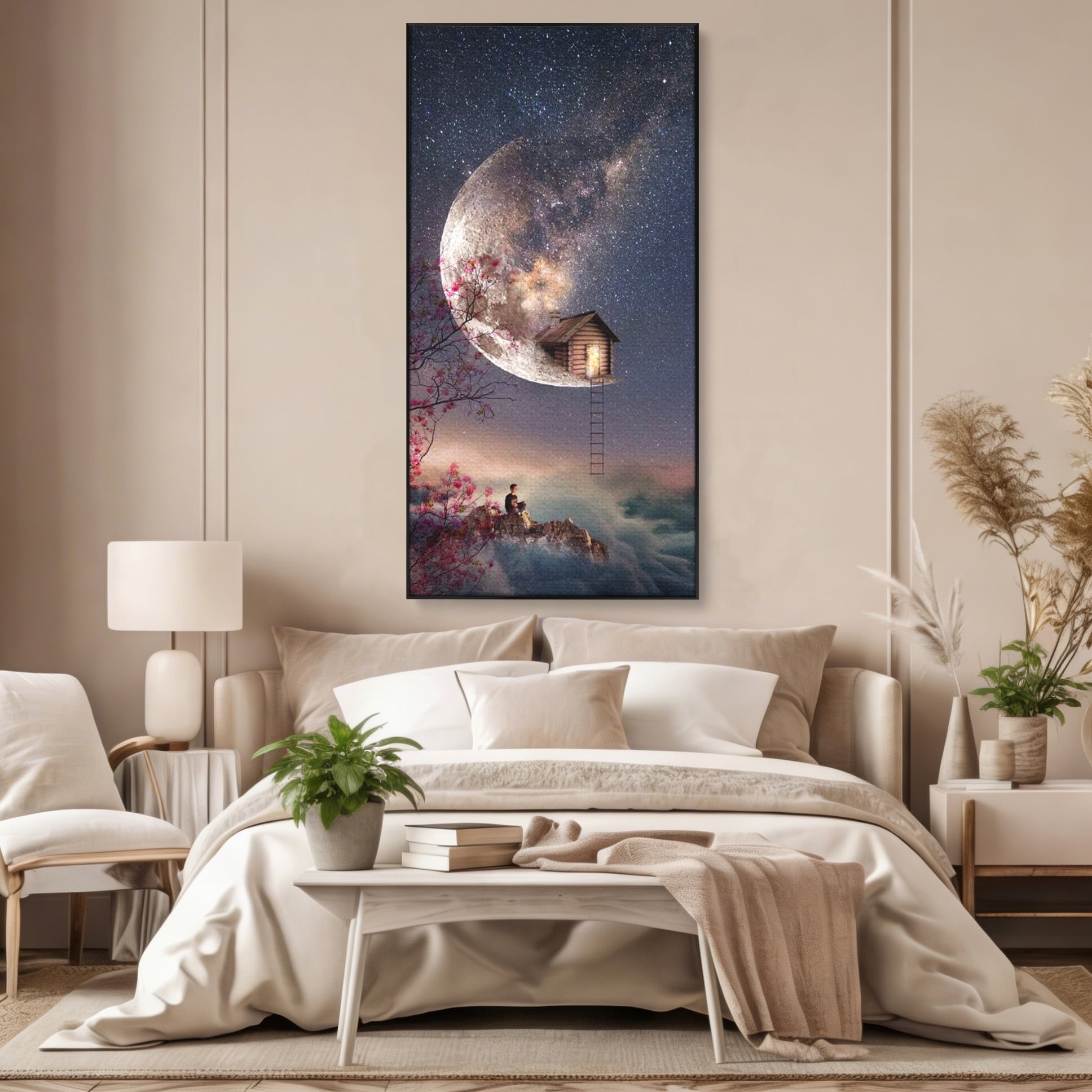 Tablou canvas cu ilustratie digitala cu casa pe luna, in rama de aluminiu negru, pe perete intr-un dormitor